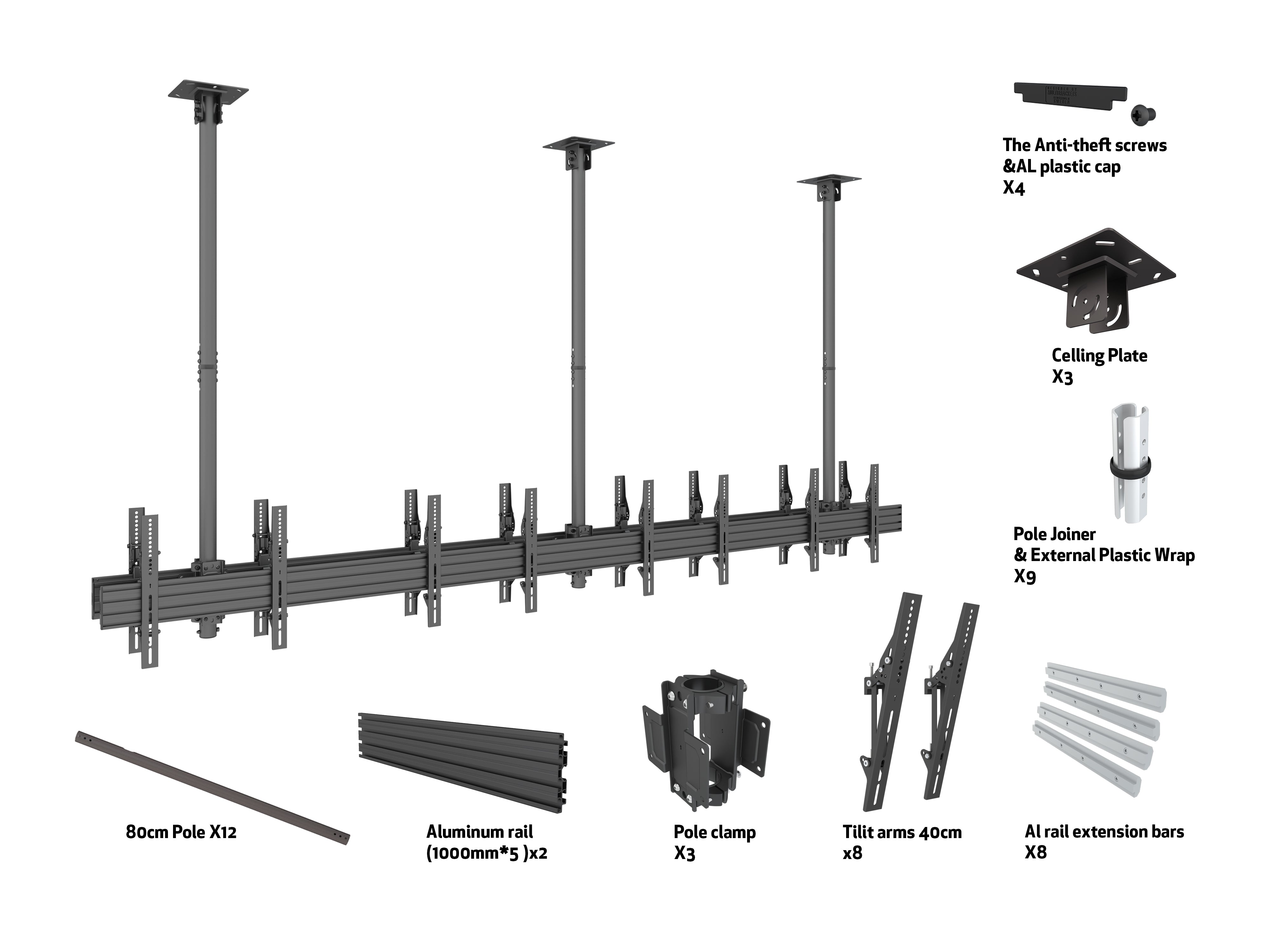 Eight-Screen Three-Pole Ceiling Mount (4 Side-by-Side, 4 Back-to-Back)