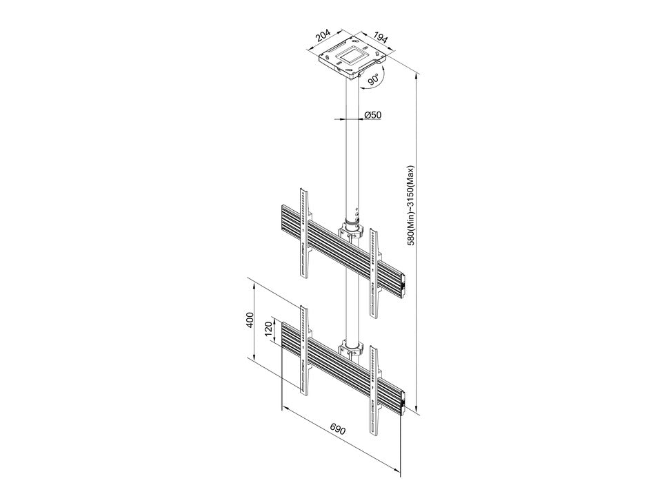 Dual-Screen Single Pole Ceiling Mount (Top-to-Bottom)