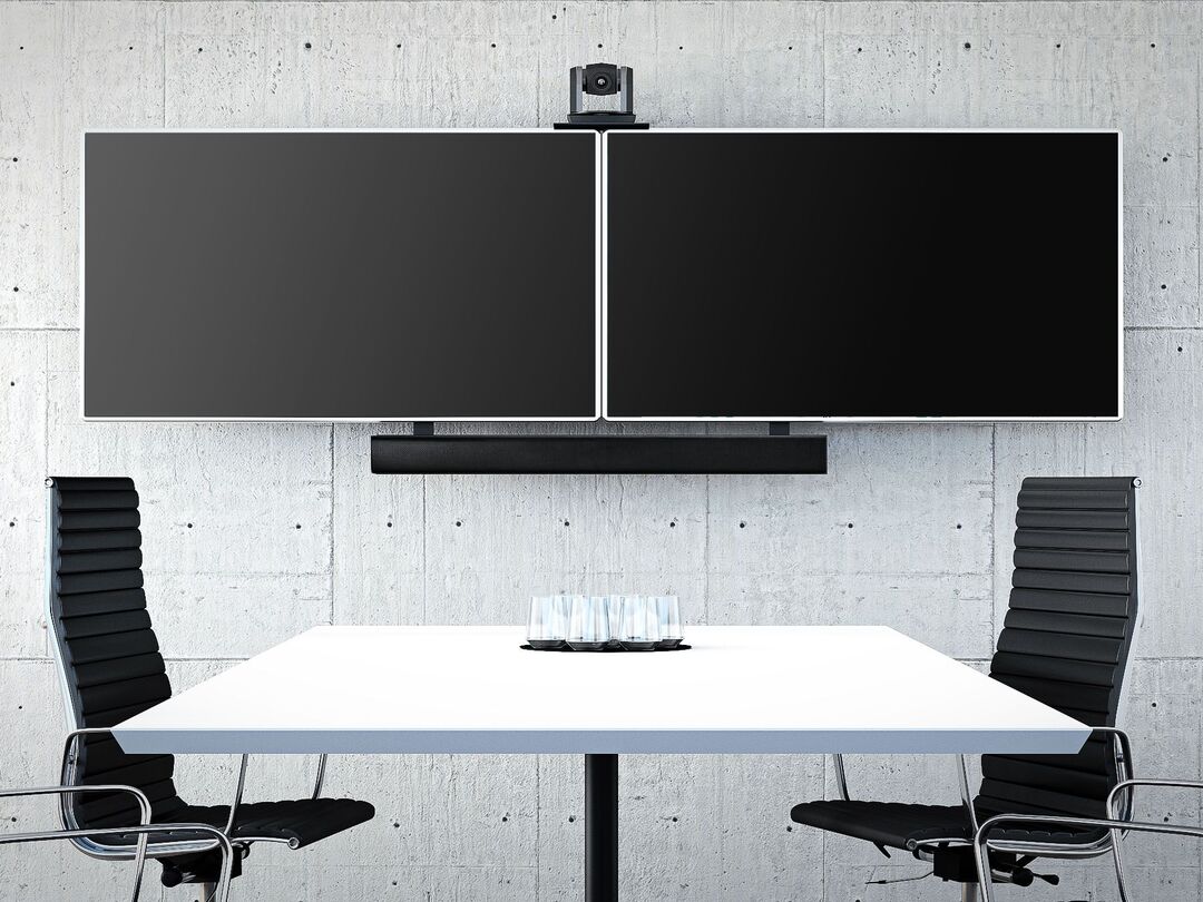 Dual-Screen Video Conference Mount System with Soundbar & Camera Shelf Up to 55" screens