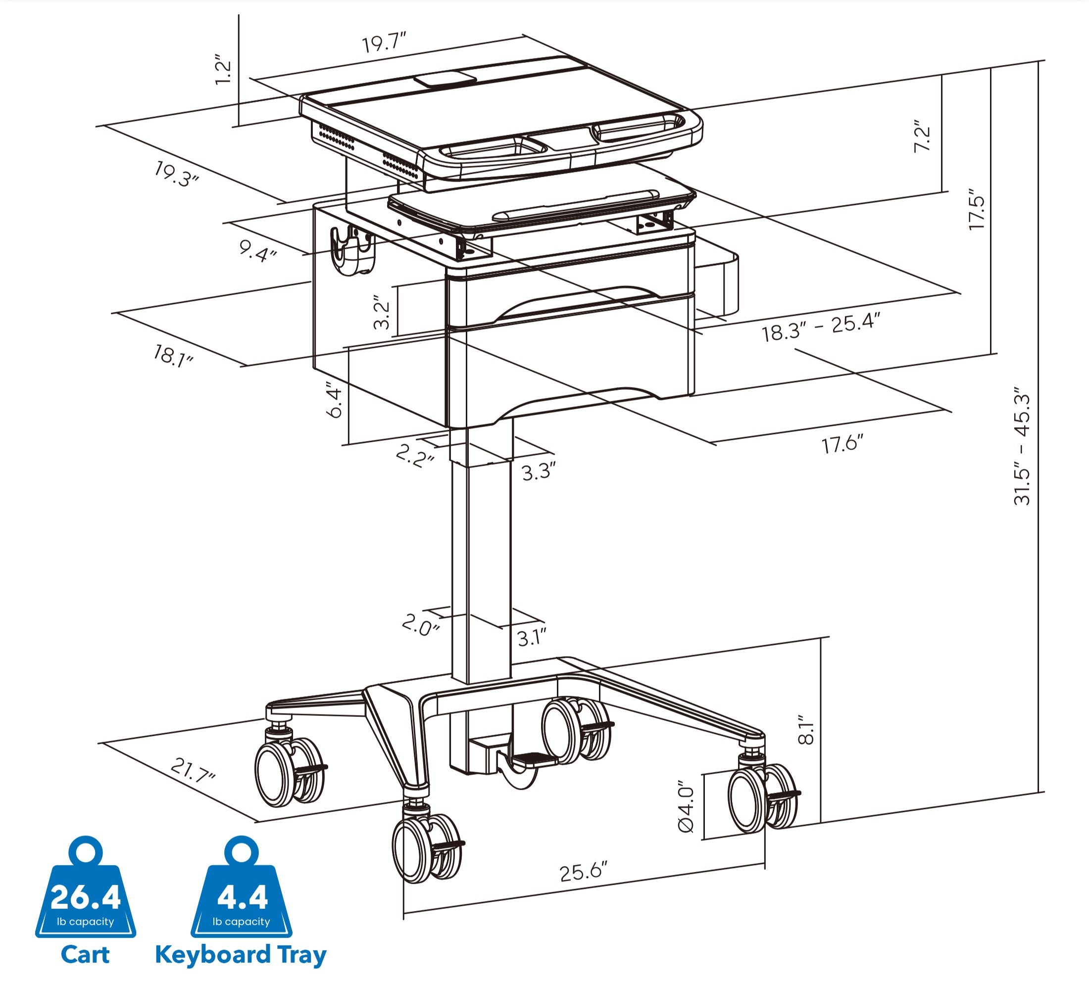 Medical Cart with Storage and Gas Spring Arm dimensions