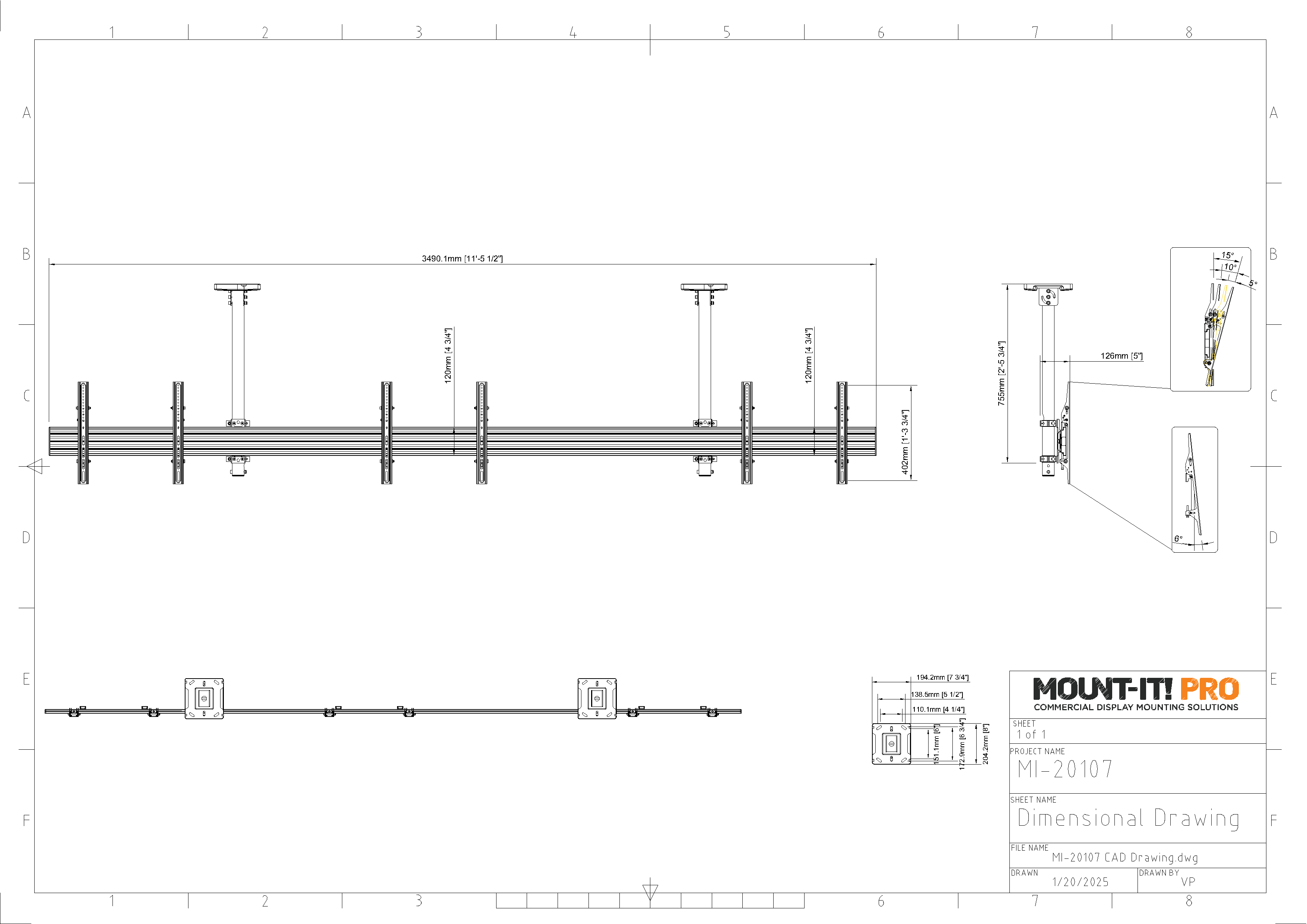 Three-Screen Dual-Pole Ceiling Mount (Side-by-Side)