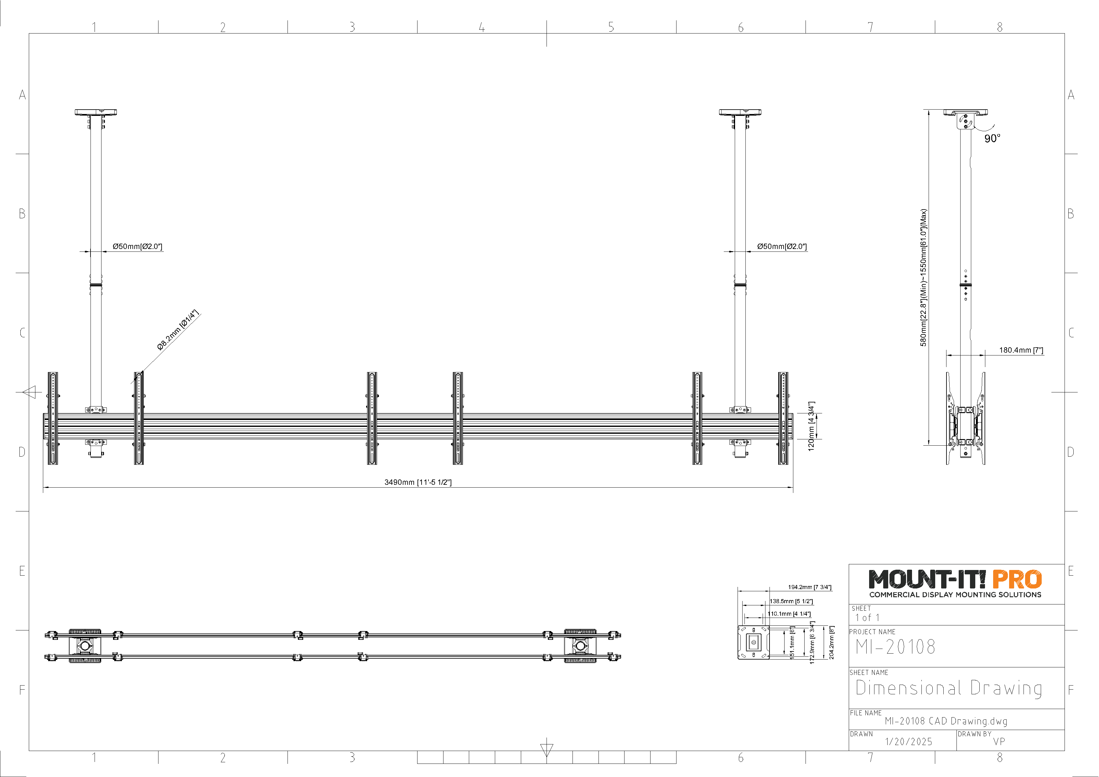 Six-Screen Dual-Pole Ceiling Mount (3 Side-by-Side, 3 Back-to-Back)