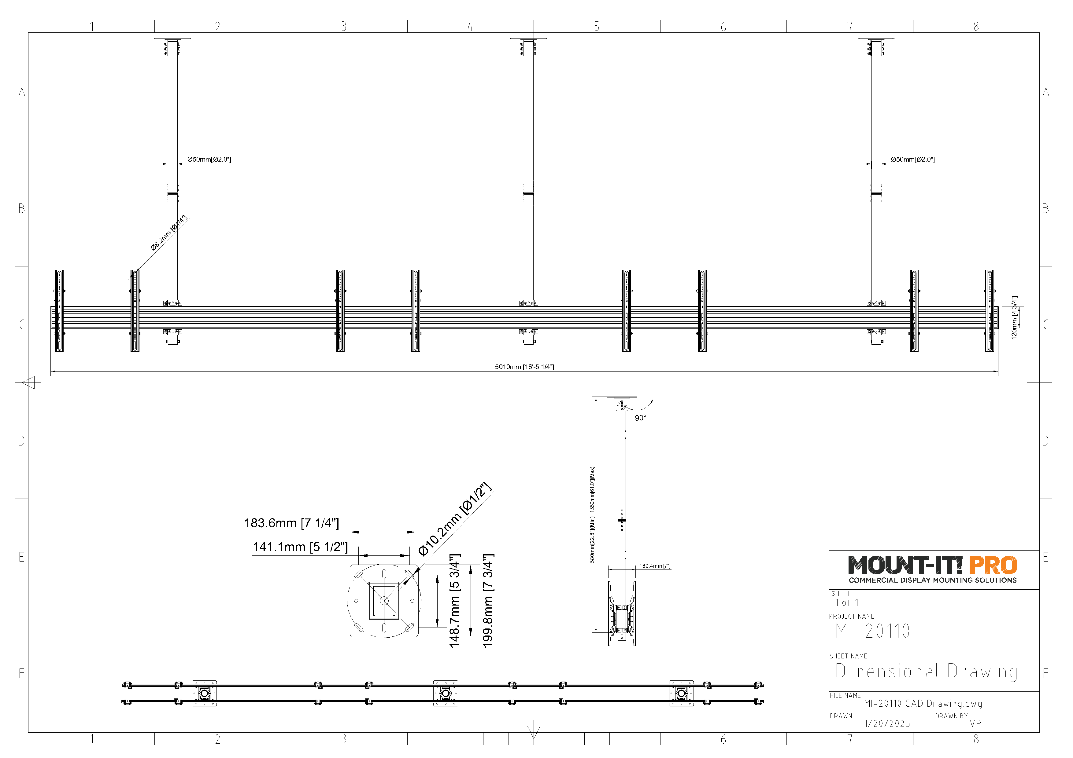 Eight-Screen Three-Pole Ceiling Mount (4 Side-by-Side, 4 Back-to-Back)