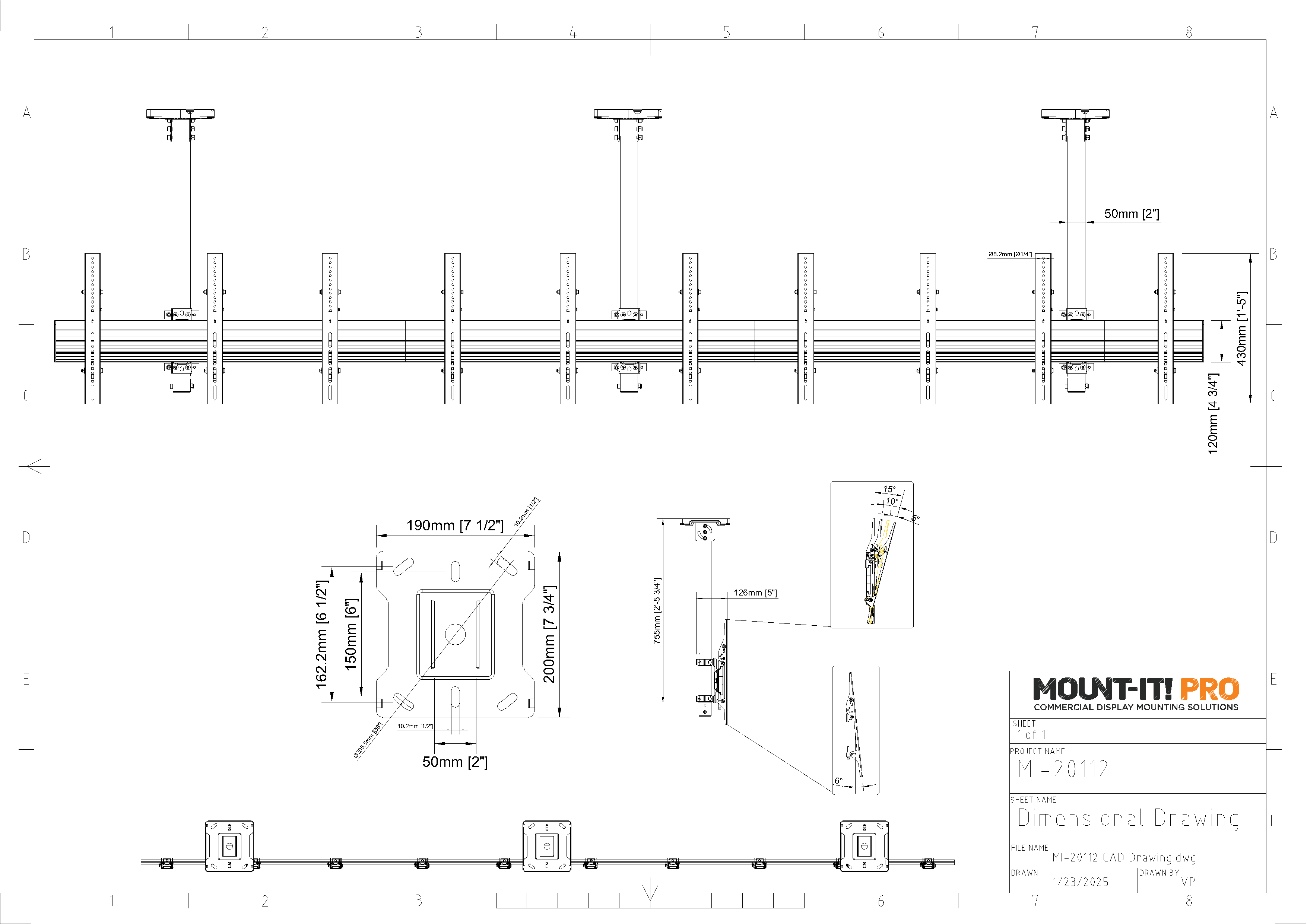 Five-Screen Three-Pole Ceiling Mount (Side-by-Side) - Portrait