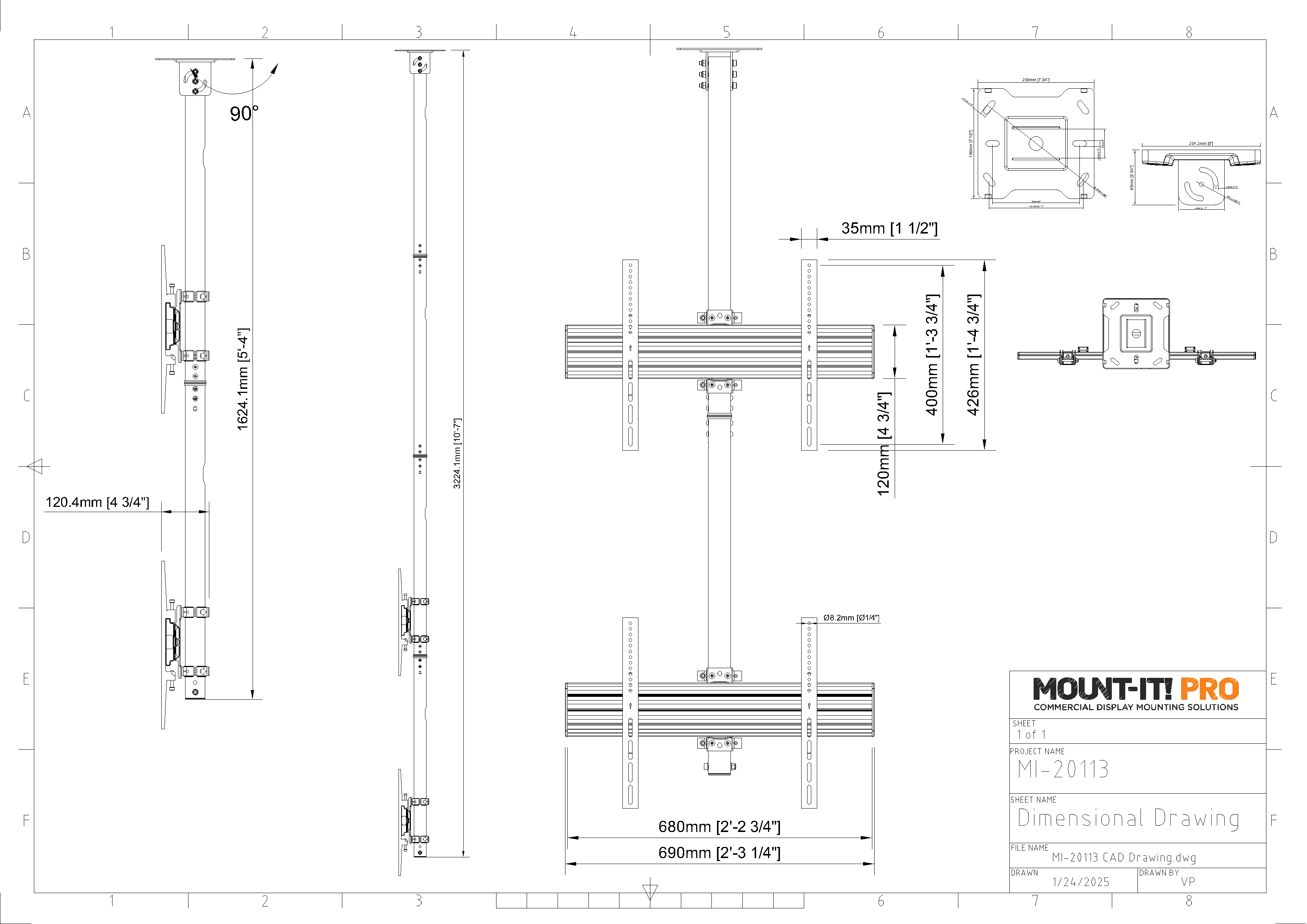 Dual-Screen Single Pole Ceiling Mount (Top-to-Bottom)