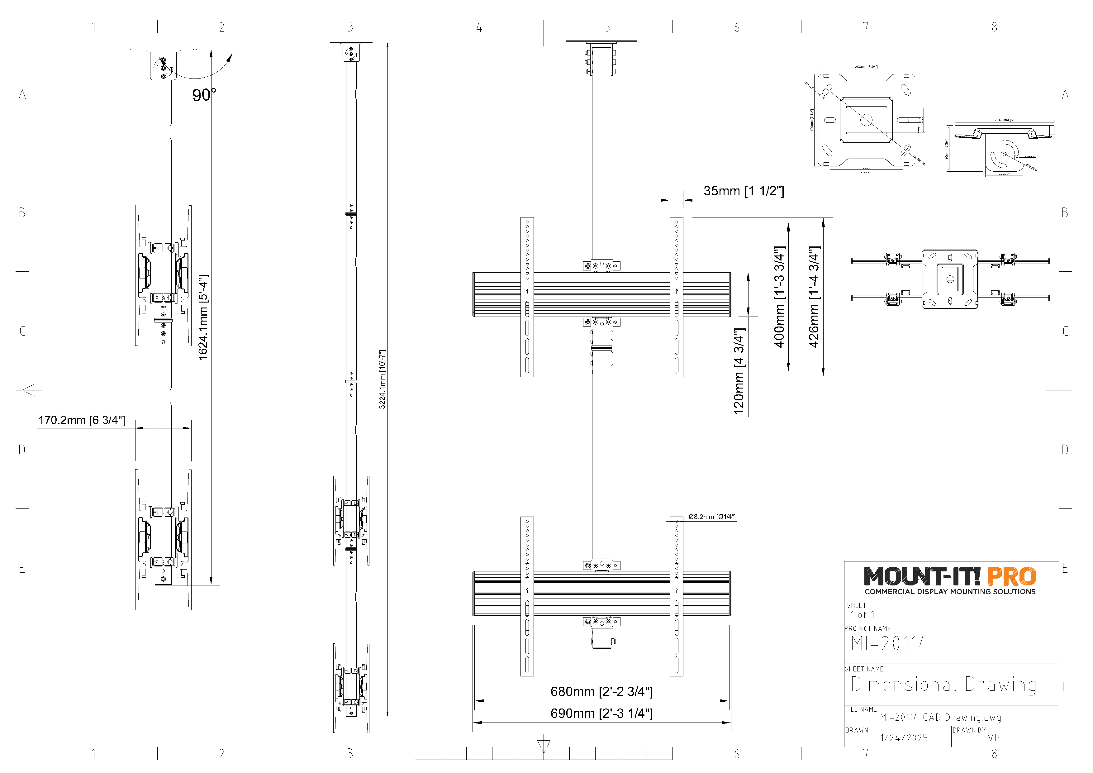 Quad-Screen Single Pole Ceiling Mount (Top-to-Bottom, Back-to-Back)