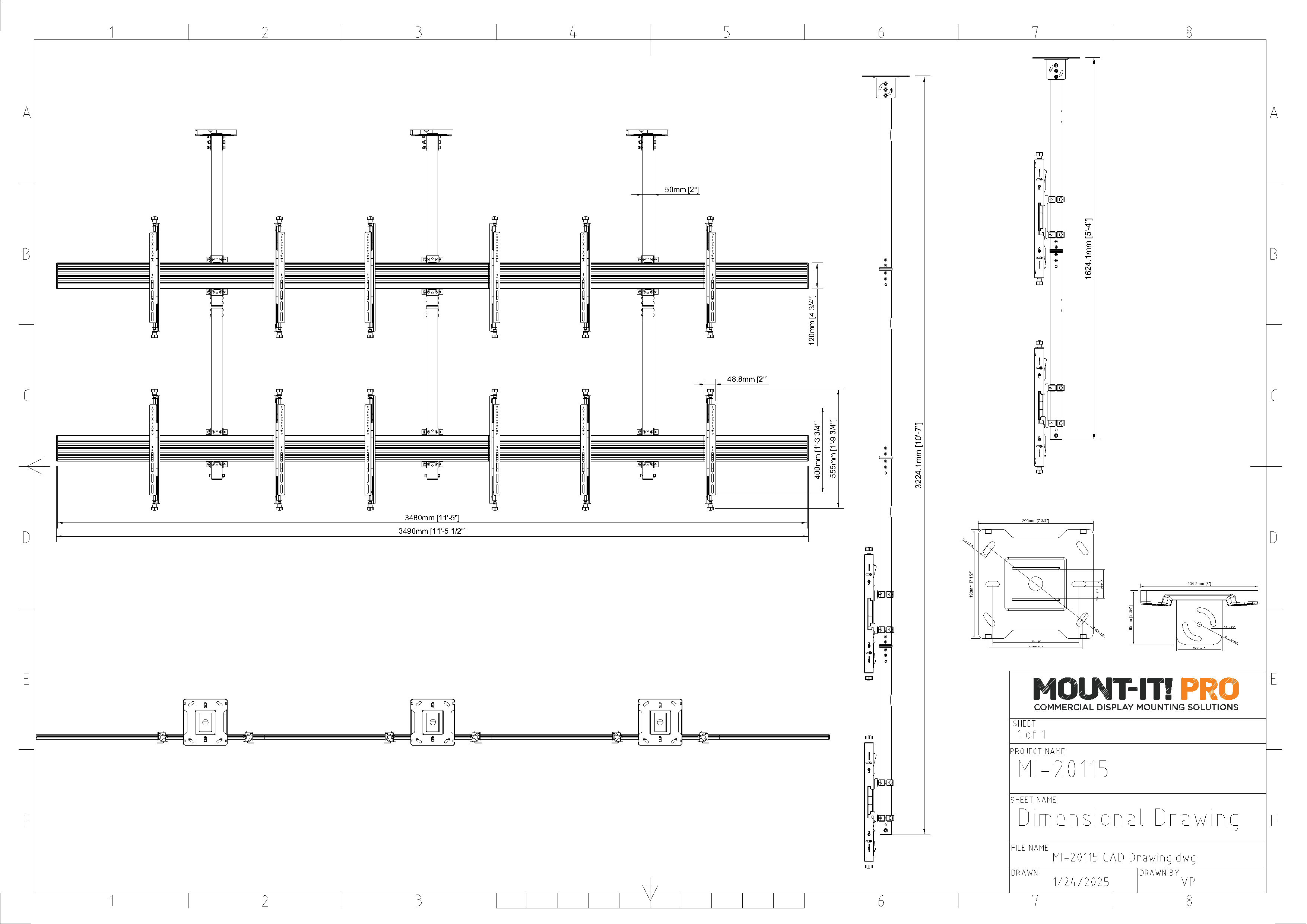 Six-Screen Three-Pole Ceiling Mount (2 Top-to-Bottom, 3 Side-by-Side)