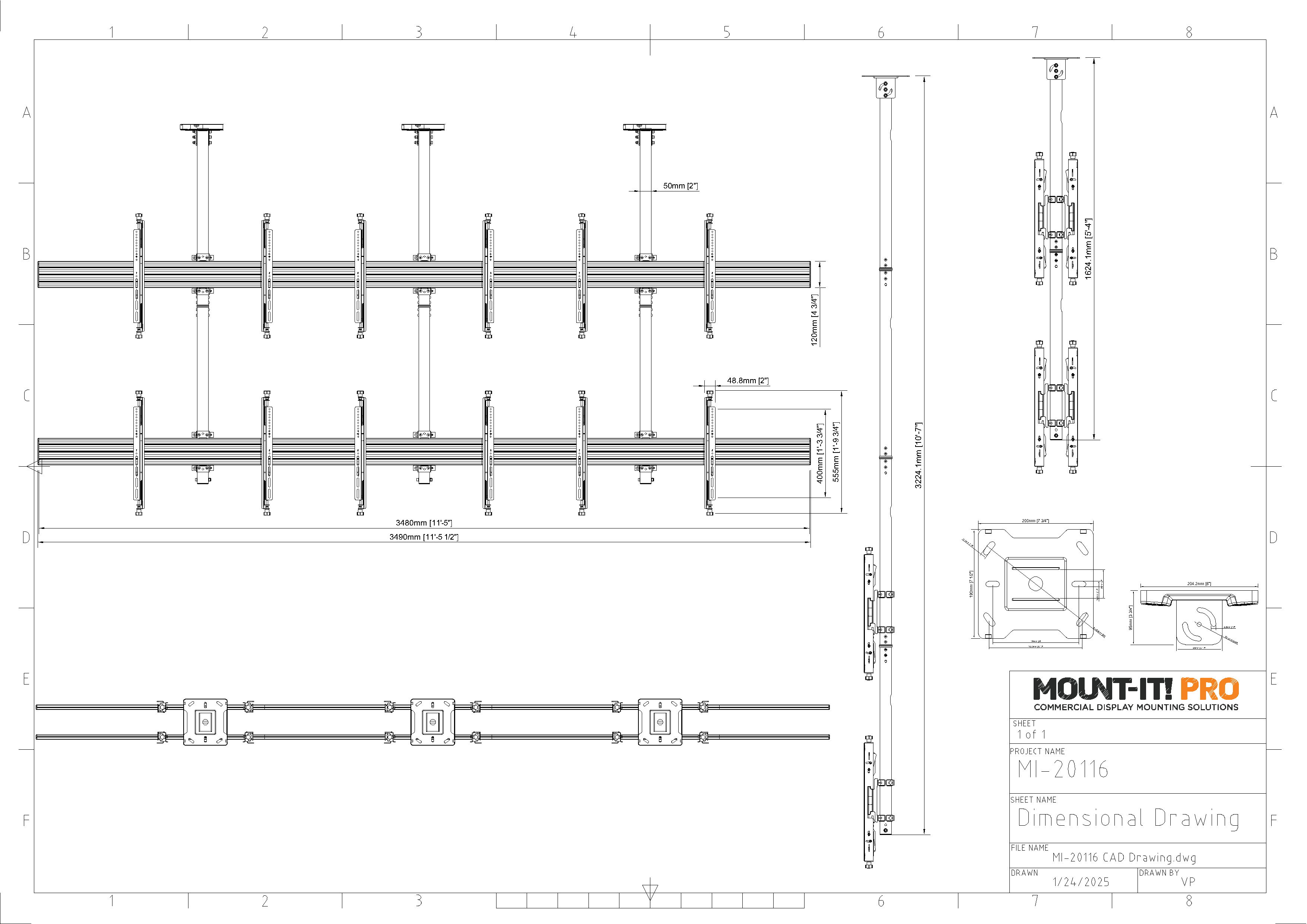 Twelve-Screen Three-Pole Ceiling Mount (2 Top-to-Bottom, 3 Back-to-Back)