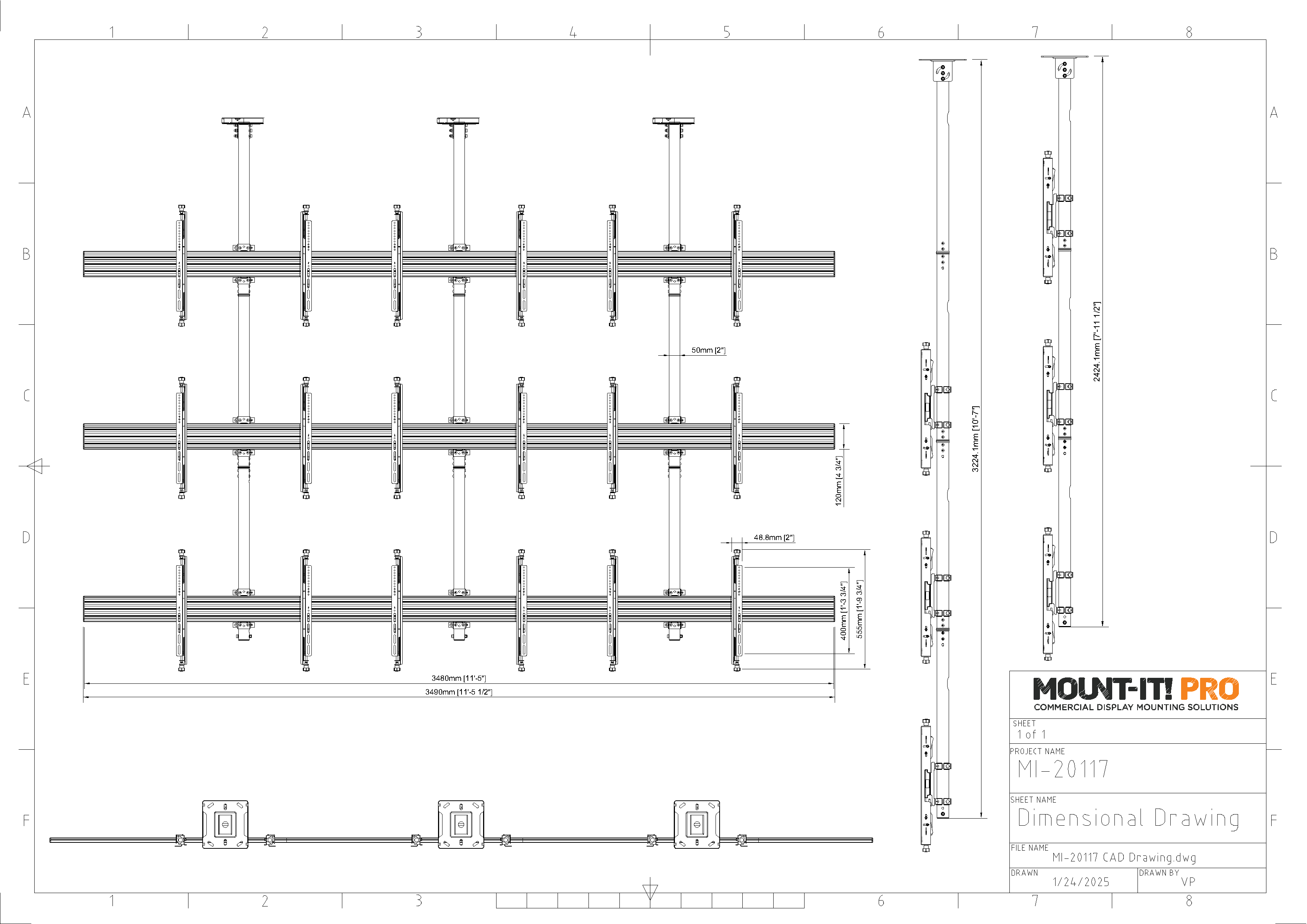 Nine-Screen Three-Pole Ceiling Mount (3 Top-to-Bottom, 3 Side-to-Side)