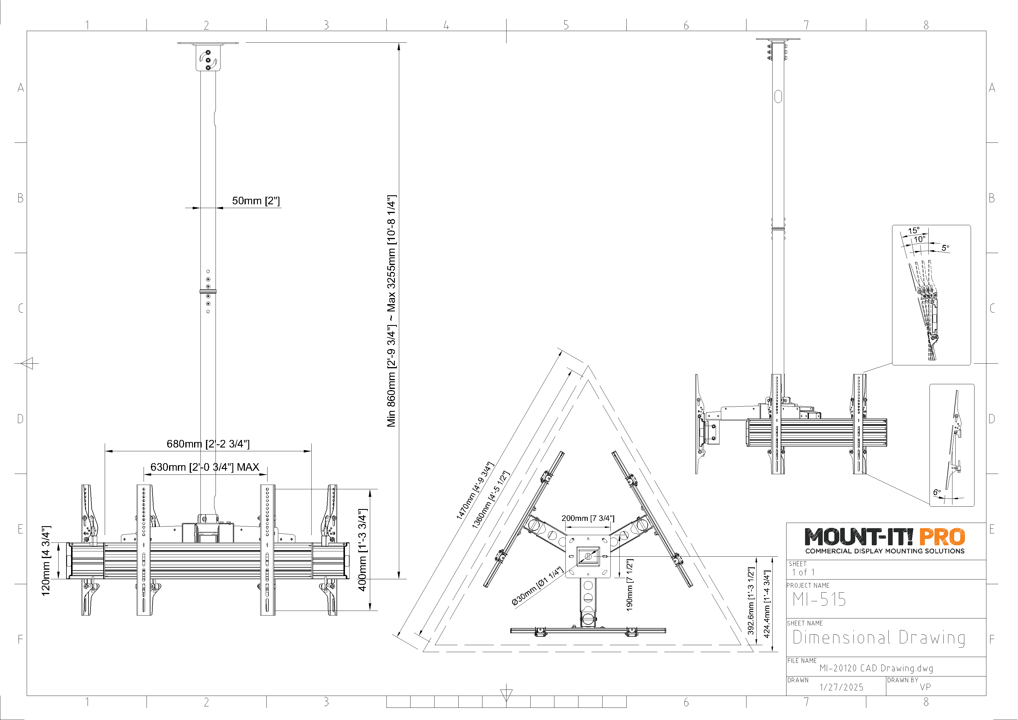 Three-Screen Three-Side Single-Pole Ceiling Mount (Heavy-Duty)