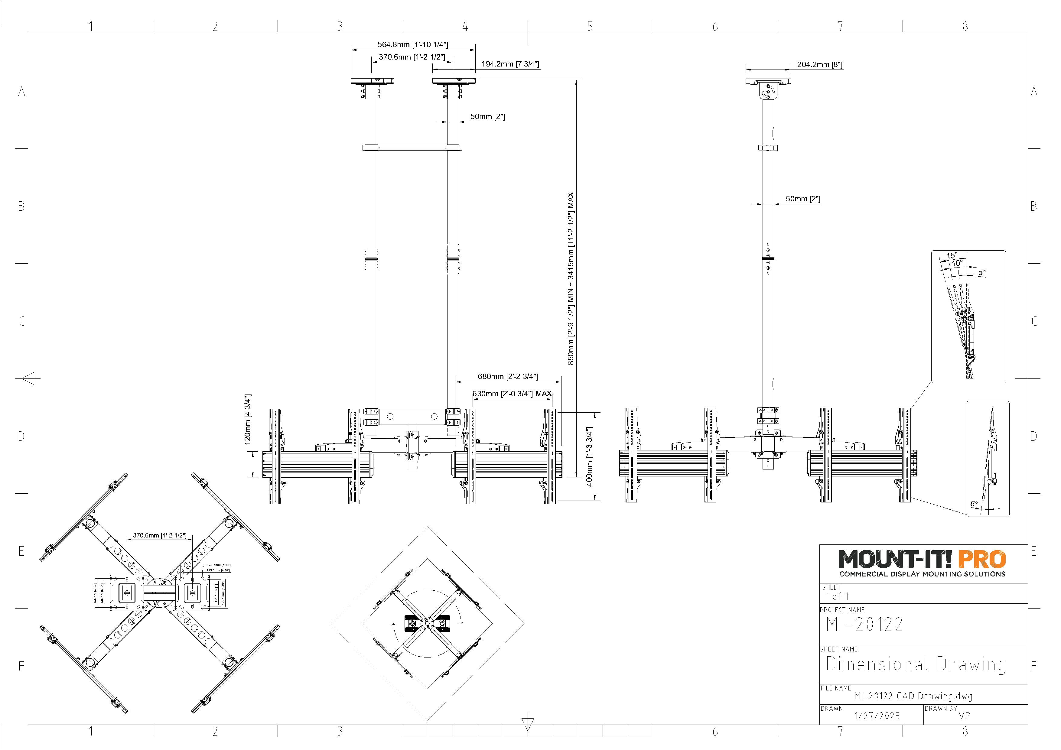 Heavy-Duty Quad-Screen Four-Side Dual-Pole Ceiling Mount