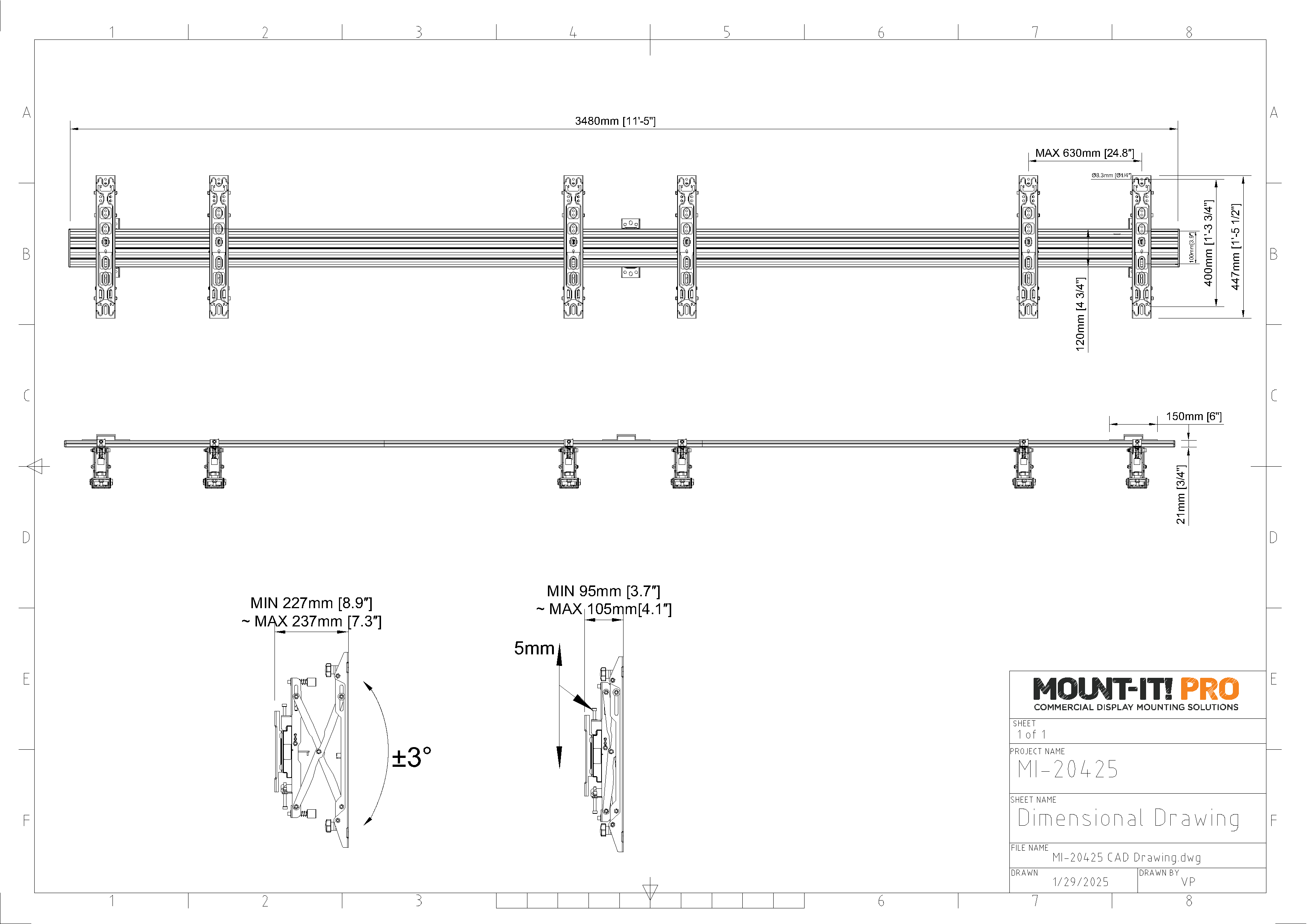 3X1 Video Wall Mount with Push-In, Pop-Out Brackets