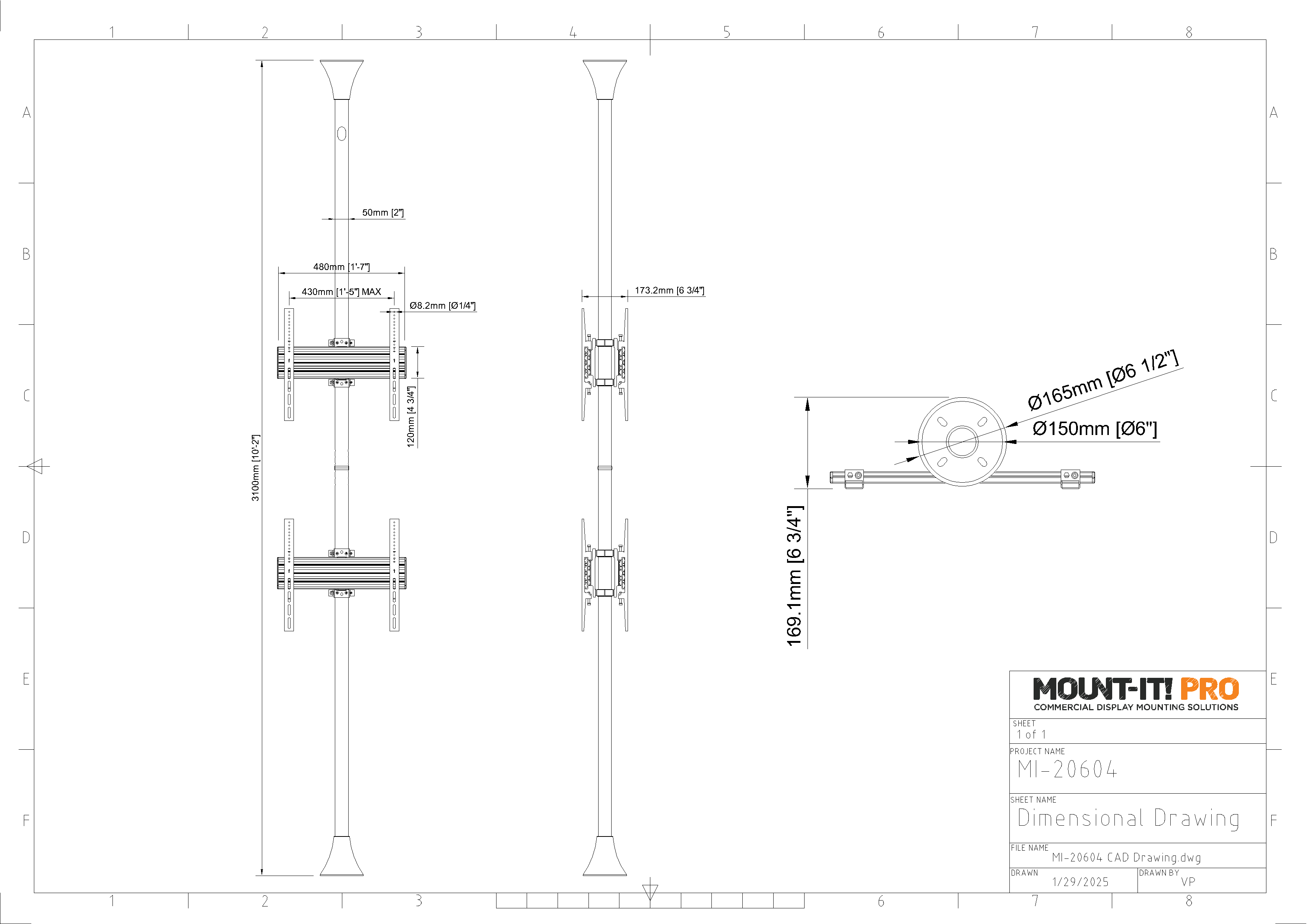 Quad-Screen Single-Pole Floor-to-Ceiling Mount (Top-to-Bottom, Back-to-Back)