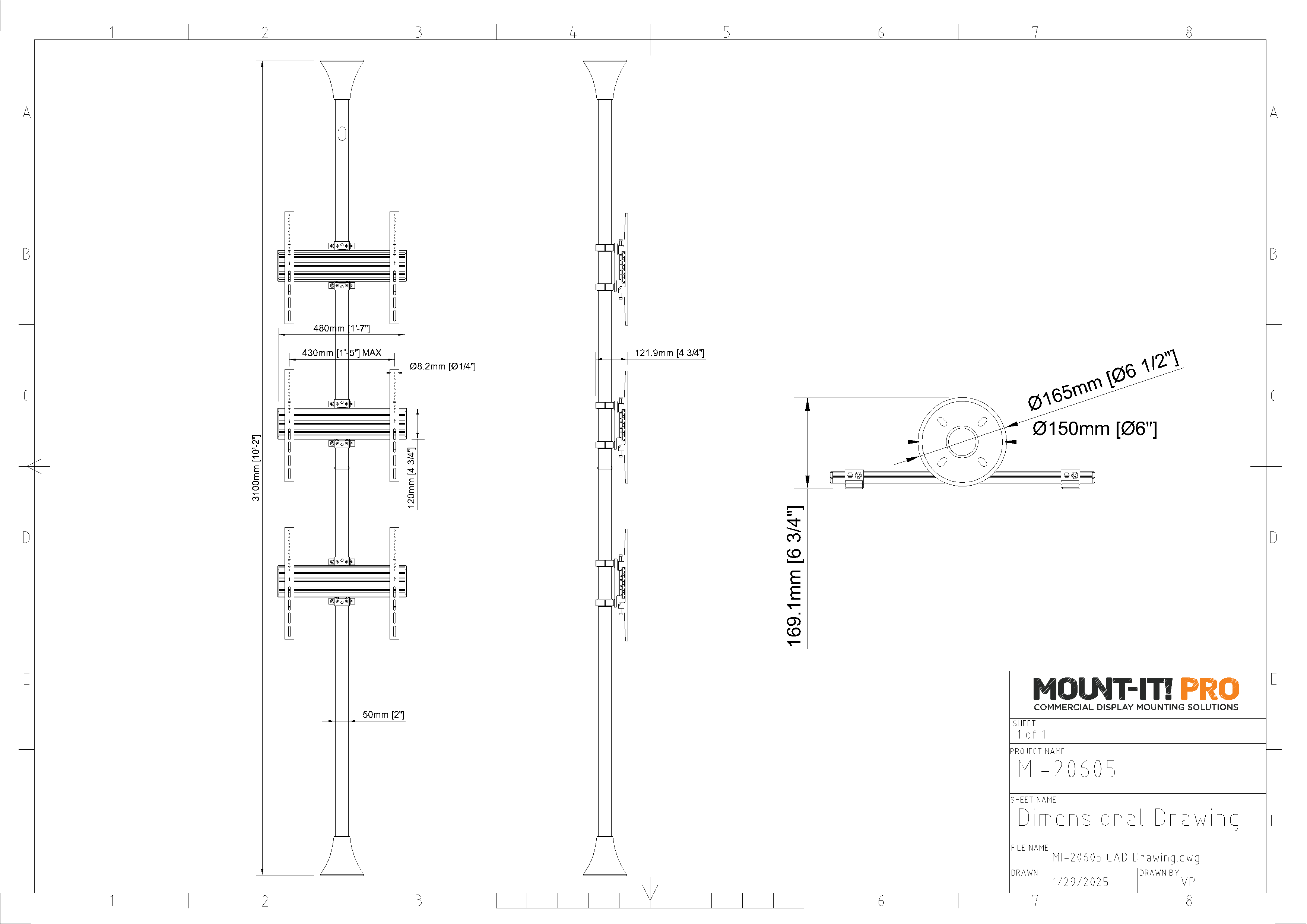 Triple-Screen Single-Pole Floor-to-Ceiling Mount (Top-to-Bottom)