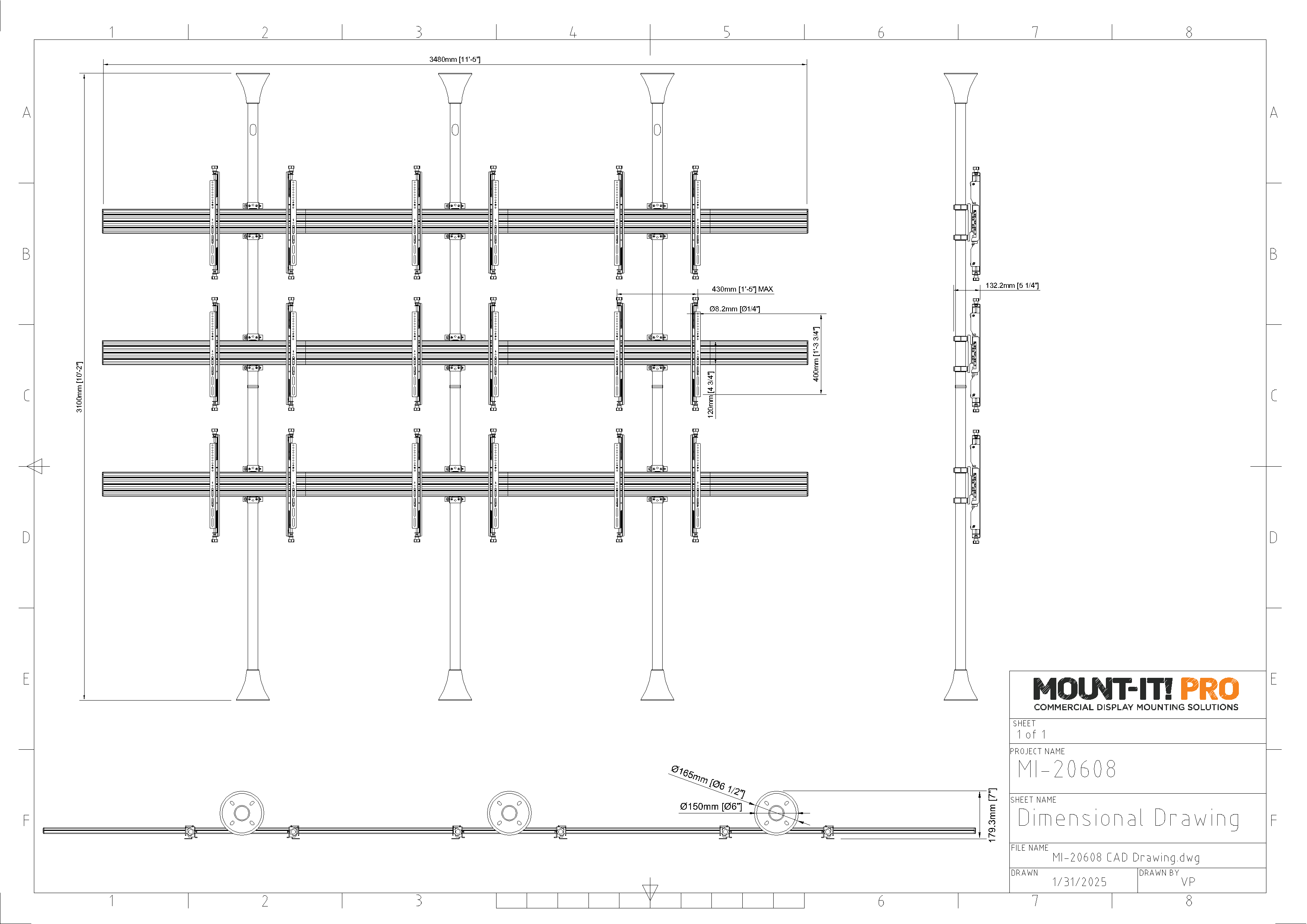 Nine-Screen Three-Pole Floor-to-Ceiling Mount (Top-to-Bottom, 3 Side-by-Side)