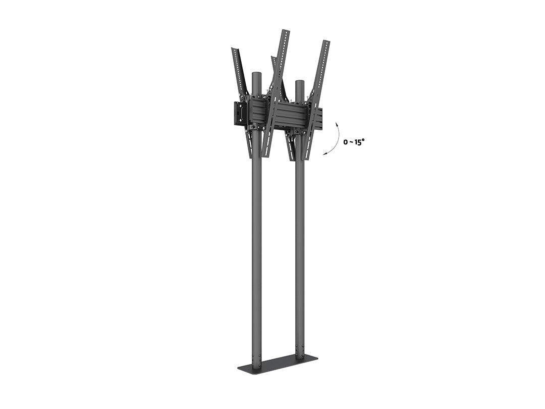 Dual-Screen Dual-Pole Floor Stand with Bolt-Down Base - Back-to-Back Tilt Mounting Bracket