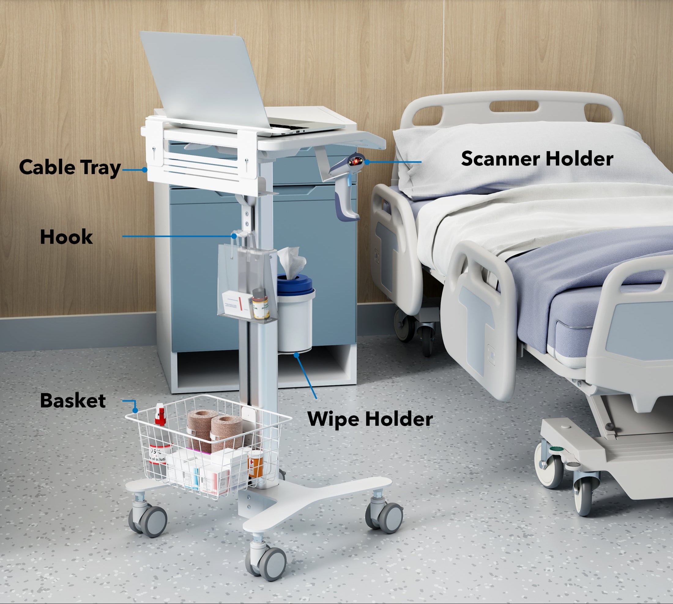 MedHub Height Adjustable Laptop Cart with Security Bar