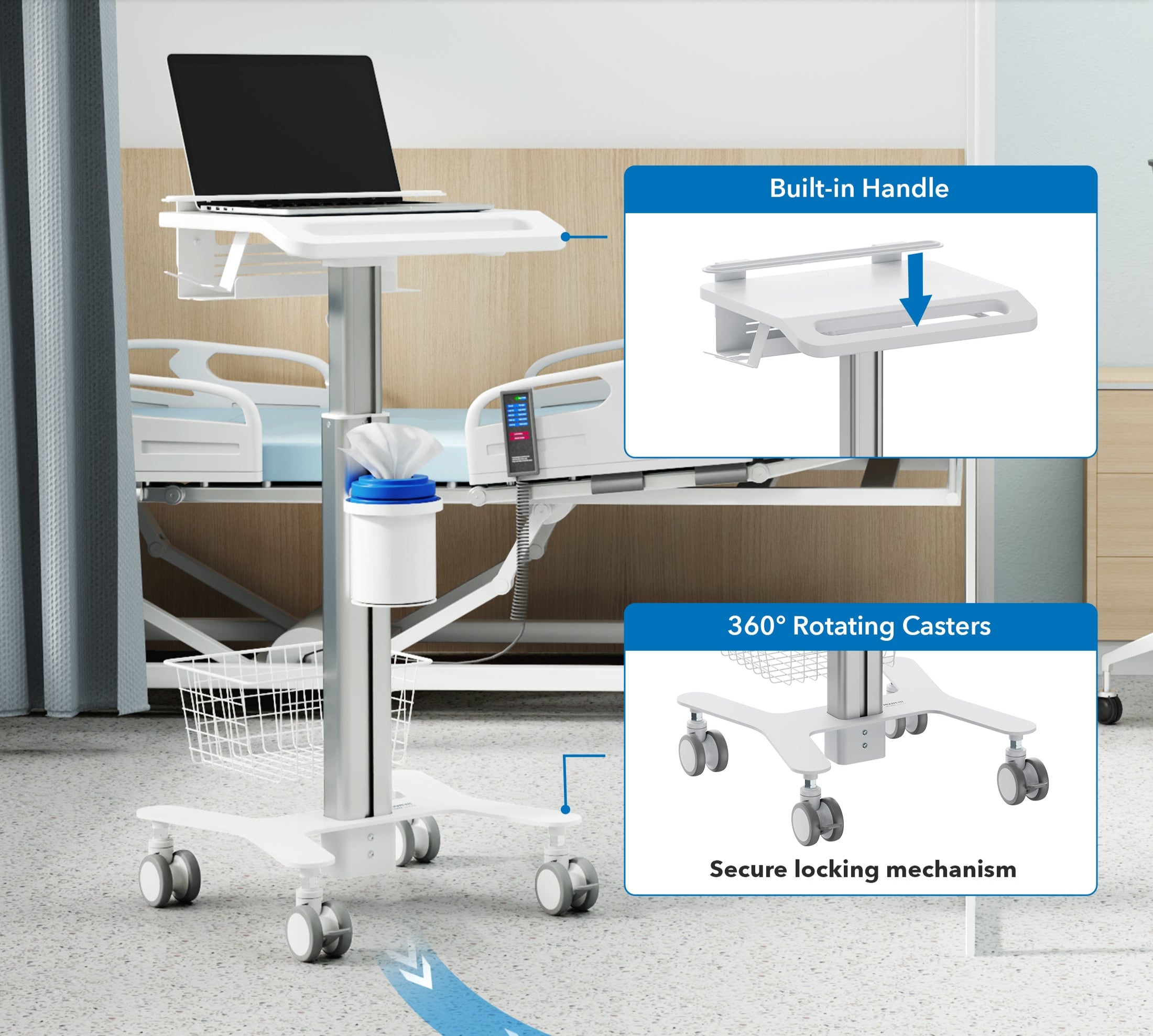 MedHub Height Adjustable Laptop Cart with Security Bar