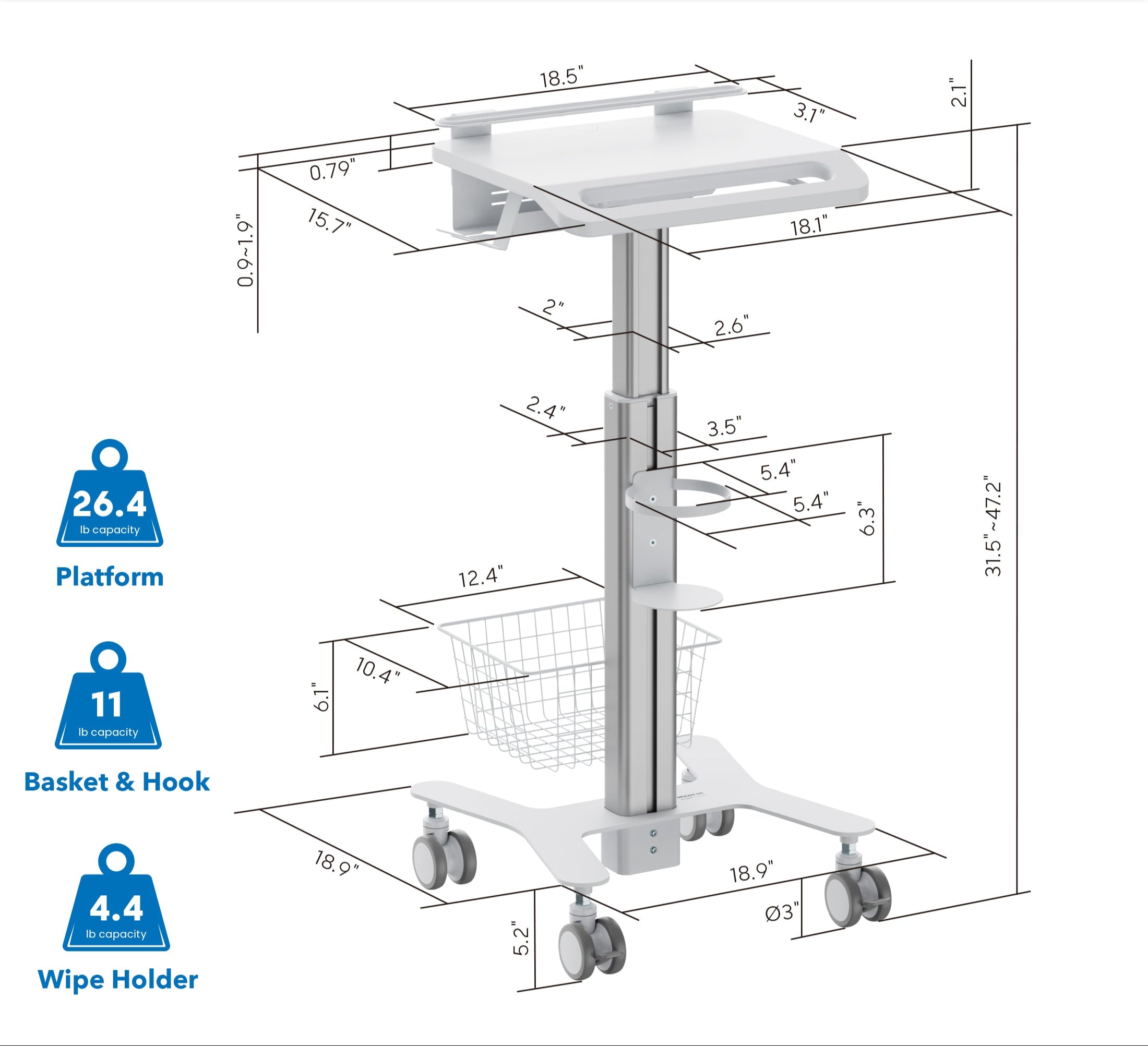 MedHub Height Adjustable Laptop Cart with Security Bar