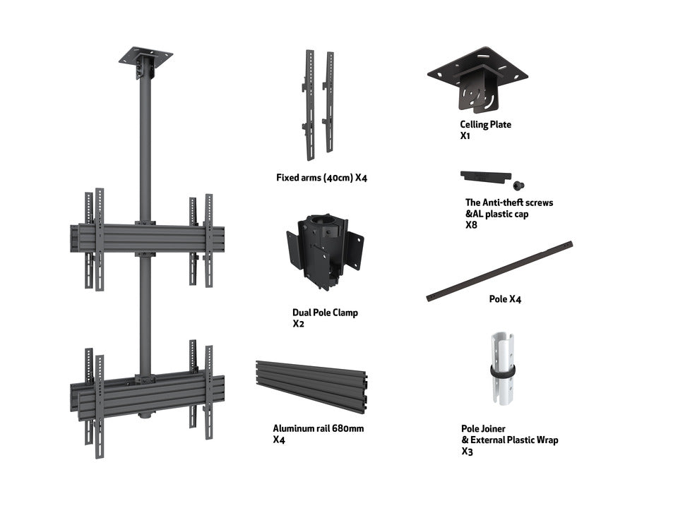 Four-Screen Single Pole Landscape Ceiling Mount (top-to-bottom back-to-back)