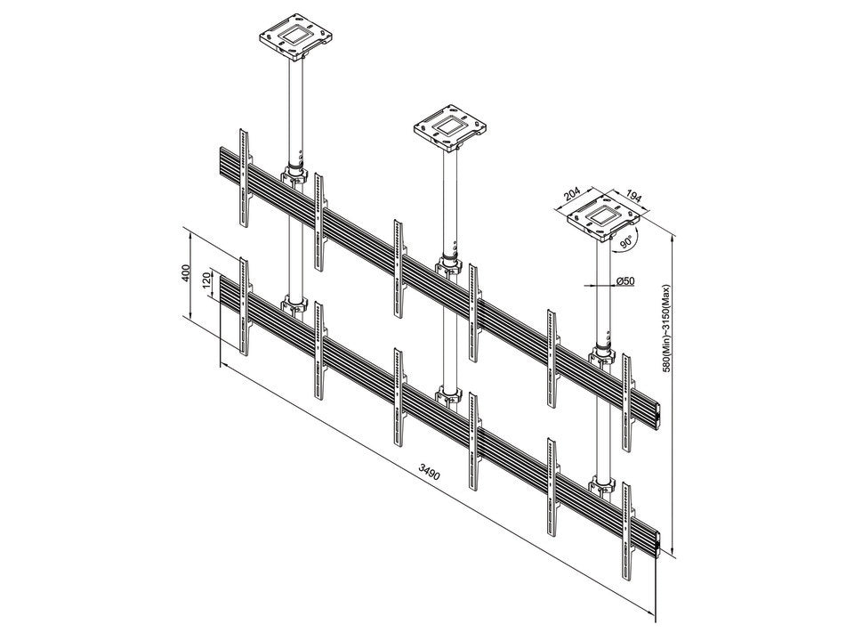 Six-Screen Three-Pole Ceiling Mount (2 top-to-bottom 3 side-by-side)
