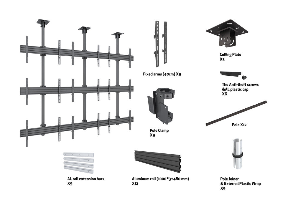 Nine-Screen Three-Pole Ceiling Mount (3 Top-to-bottom 3 Side-to-side)