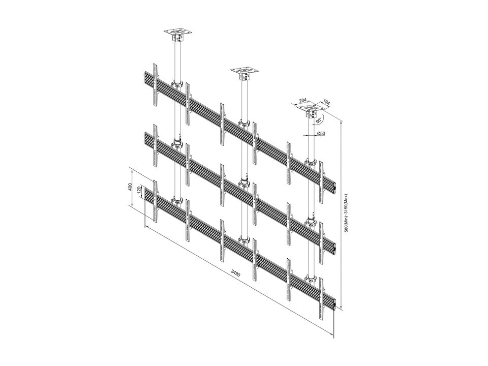 Nine-Screen Three-Pole Ceiling Mount (3 top-to-bottom 3 side-to-side)