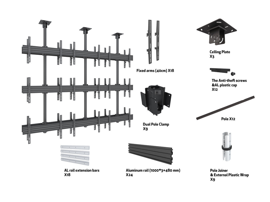 18-Screen Three-Pole Ceiling Mount (3 Top-to-bottom 3 Side-by-side 3 Back-to-back)
